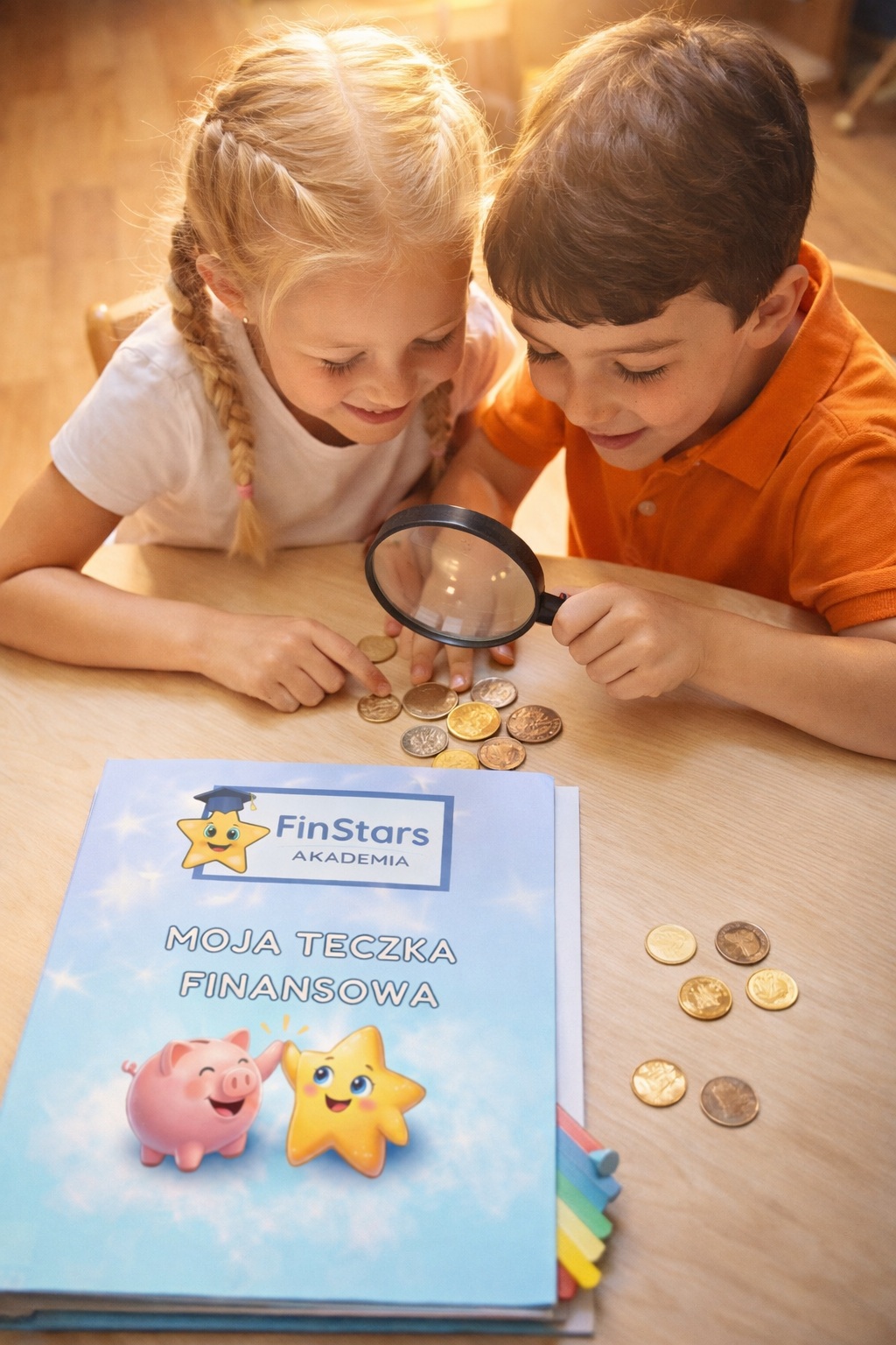 Dzieci oglądające monety podczas zajęć FinStars