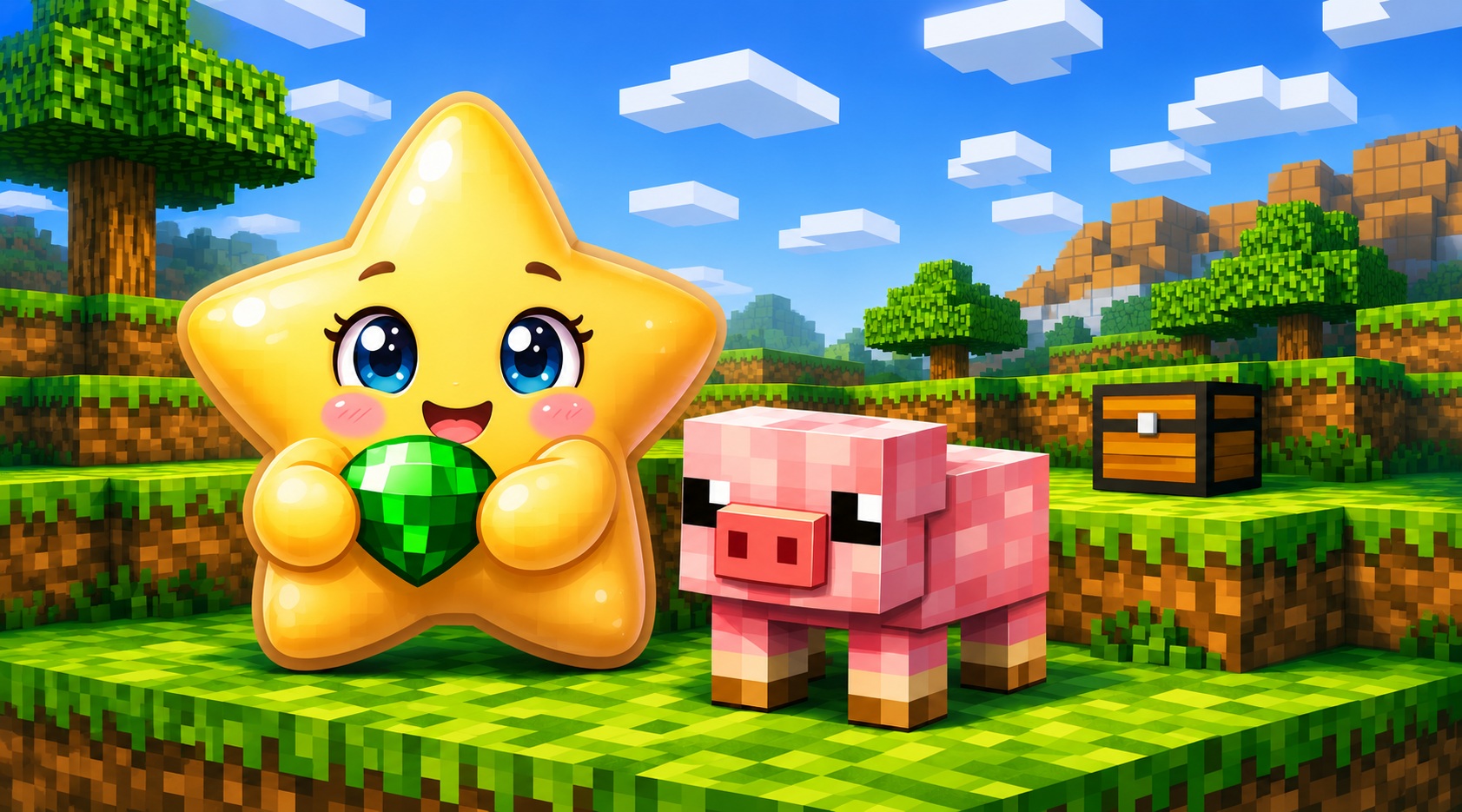 Minecraftowa gwiazdka ze szmaragdem i świnką w świecie z klocków